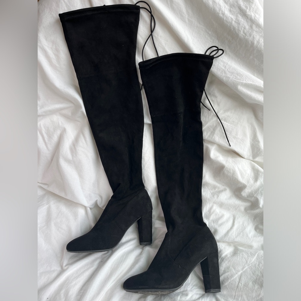 Over the knee black suede heeled boots